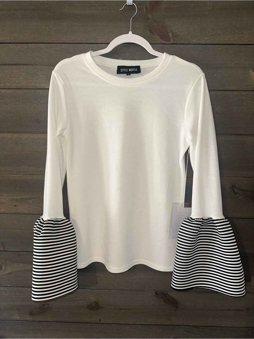 NWT Style Mafia White Long-Sleeve Top with Black & White Stripe Bell Cuffs